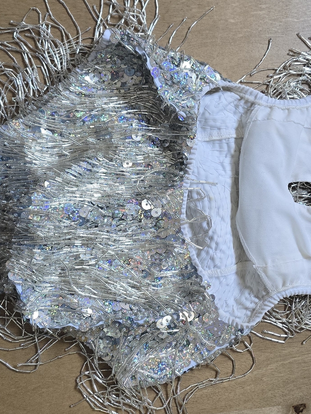 Silver Sequin Bead Fringe Performance Bodysuit Adult L Pop Star Stage Costume - Picture 12 of 16